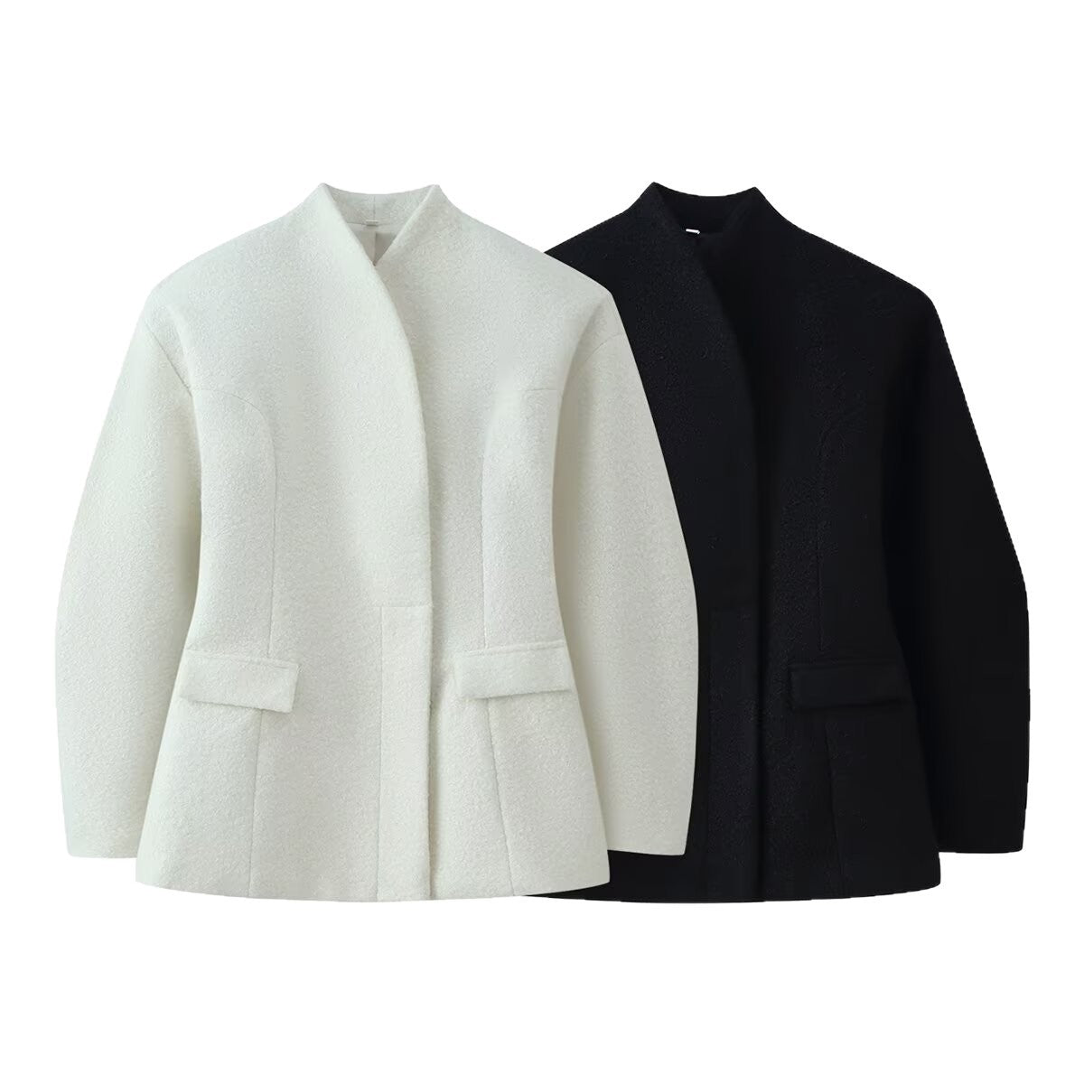 Women's Boucle Short Jacket with Boxy Silhouette, Concealed Button Placket and Flap Pockets Chichicherry