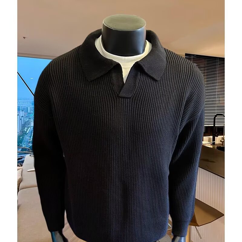 Men's Structured Knit Sweater with Polo Collar and V-Slit Chichicherry