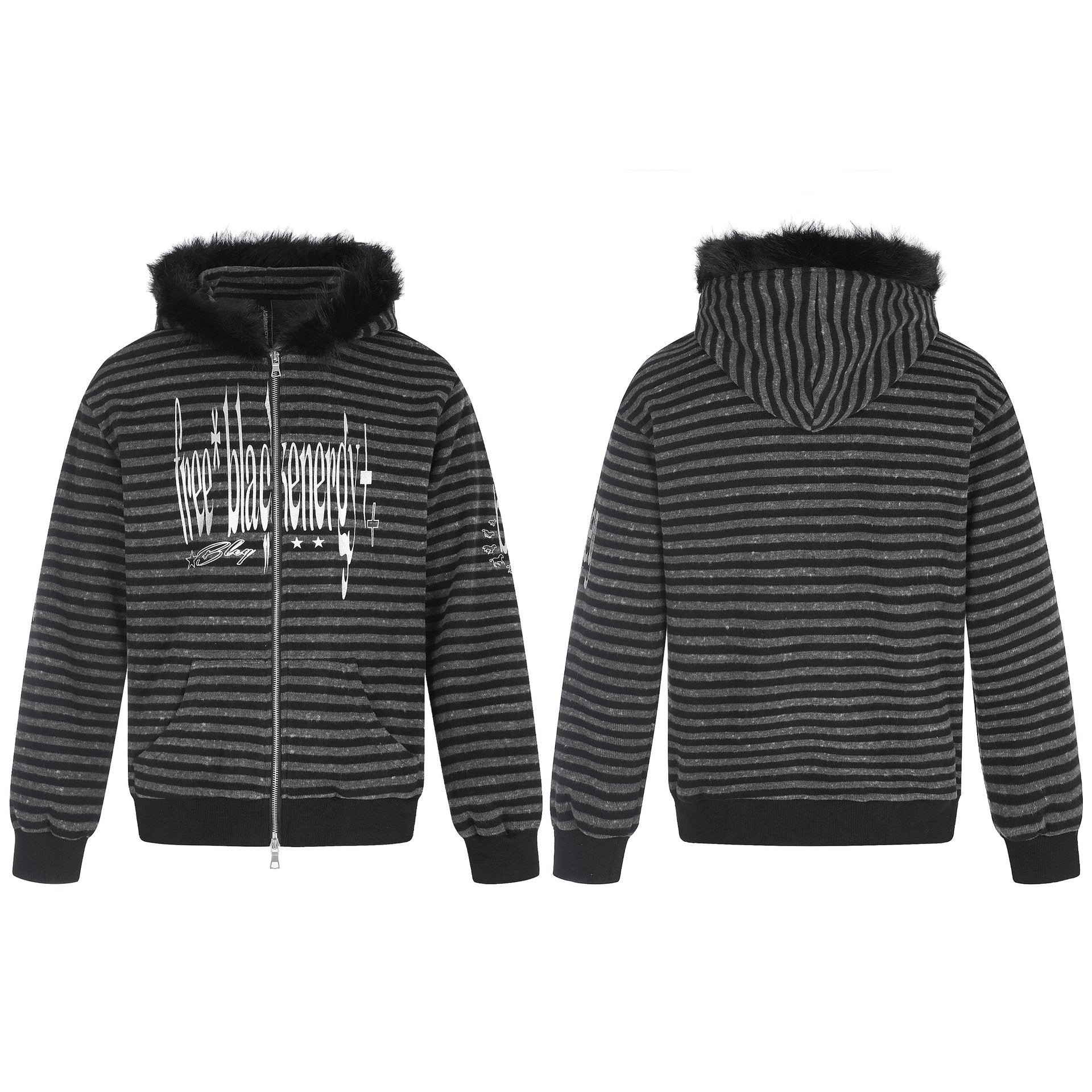 Unisex hoodie zip jacket with faux fur trim, striped pattern and front print Chichicherry