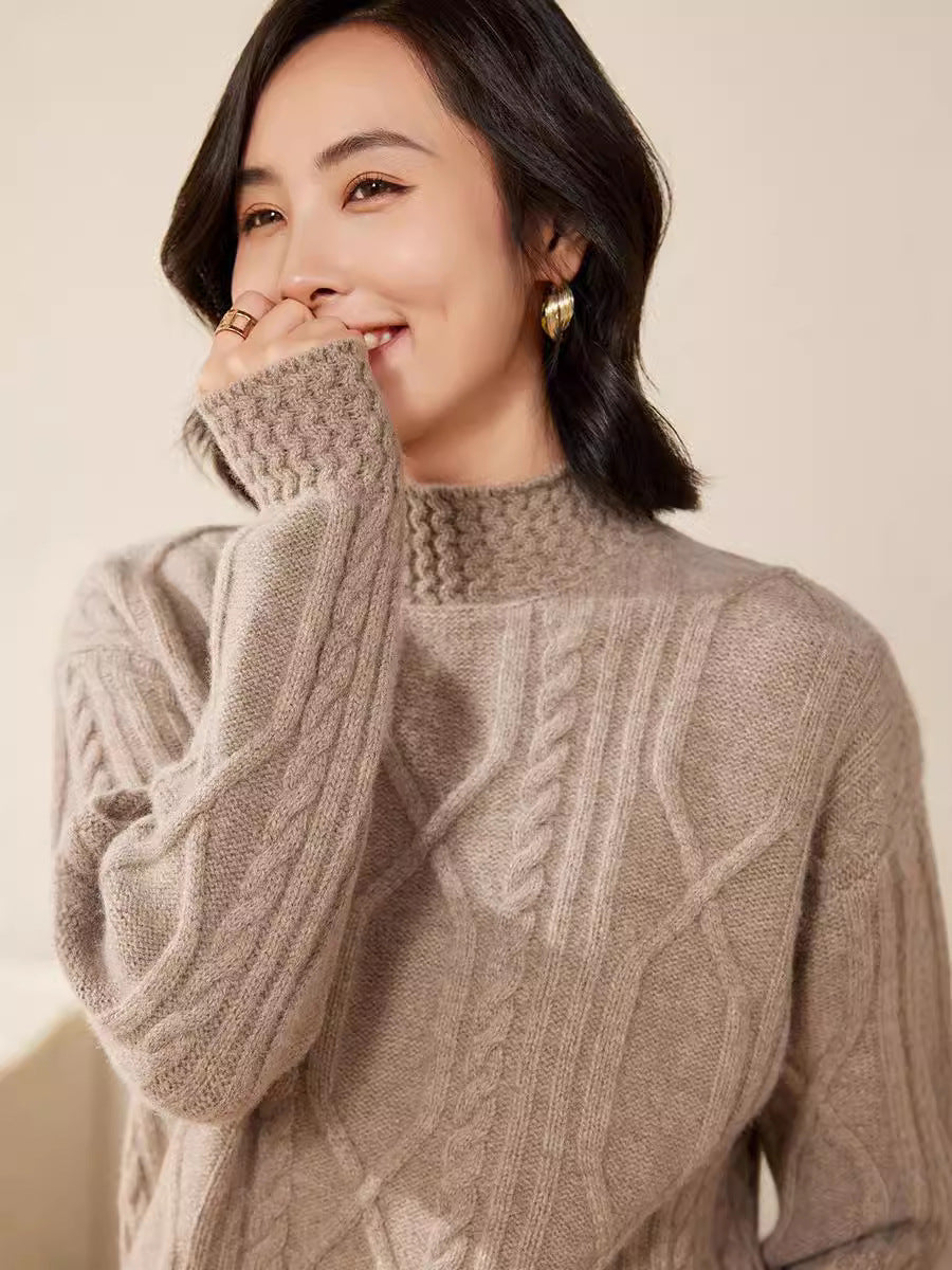 Women's cable knit mock neck sweater with short boxy silhouette Chichicherry