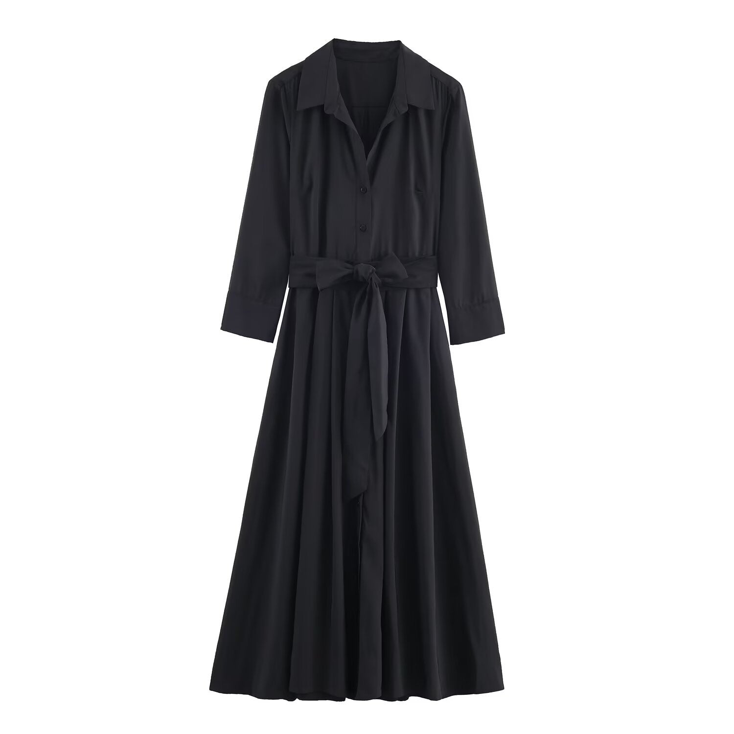 Women's maxi dress in shirt blouse style with tied belt and flared A-line skirt Chichicherry