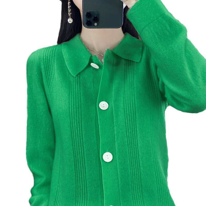 Women's button cardigan with shirt collar and fine vertical rib structure Chichicherry