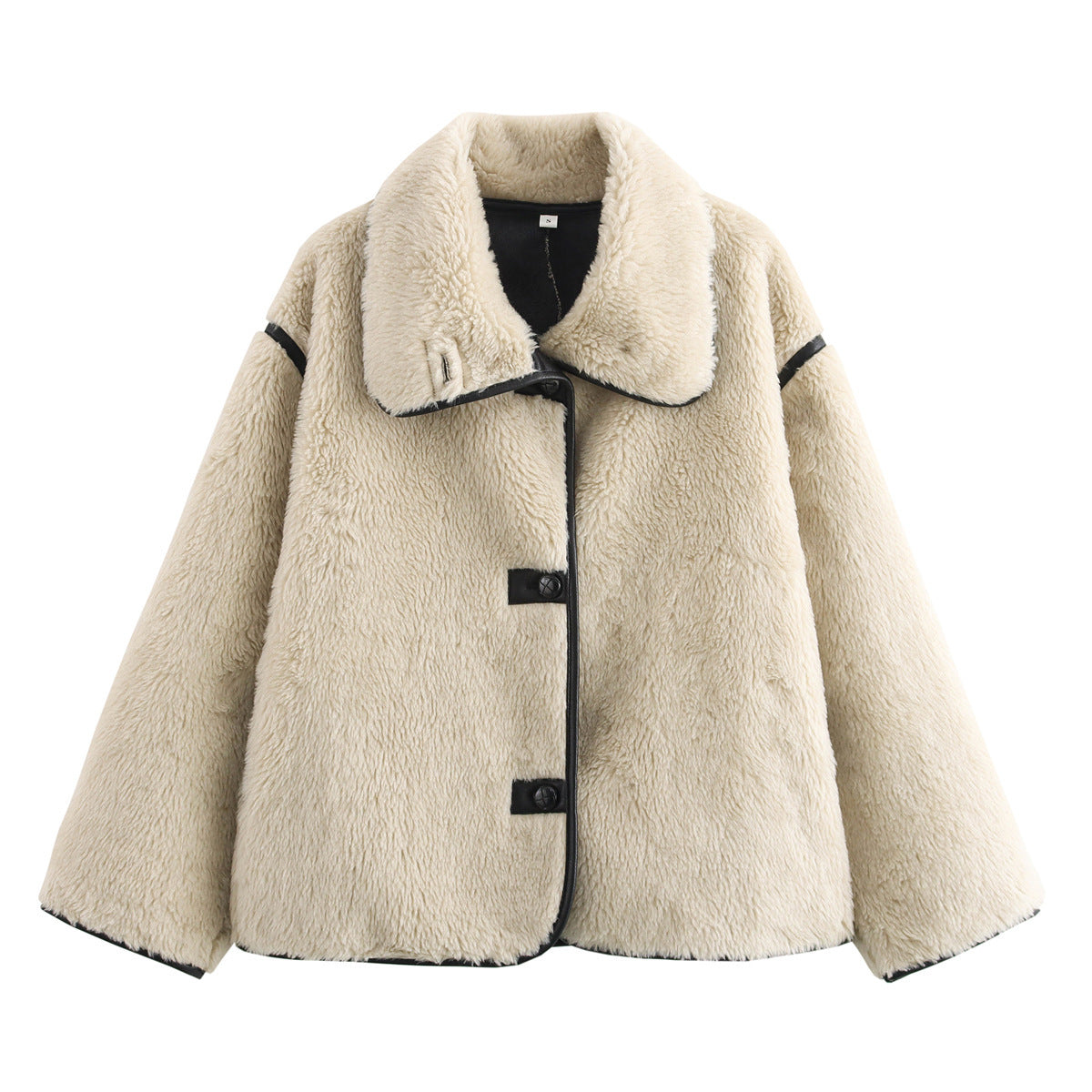 Women Short Cut Faux Fur Field Coat with Oversized Shawl Collar and Contrasting Piping Chichicherry