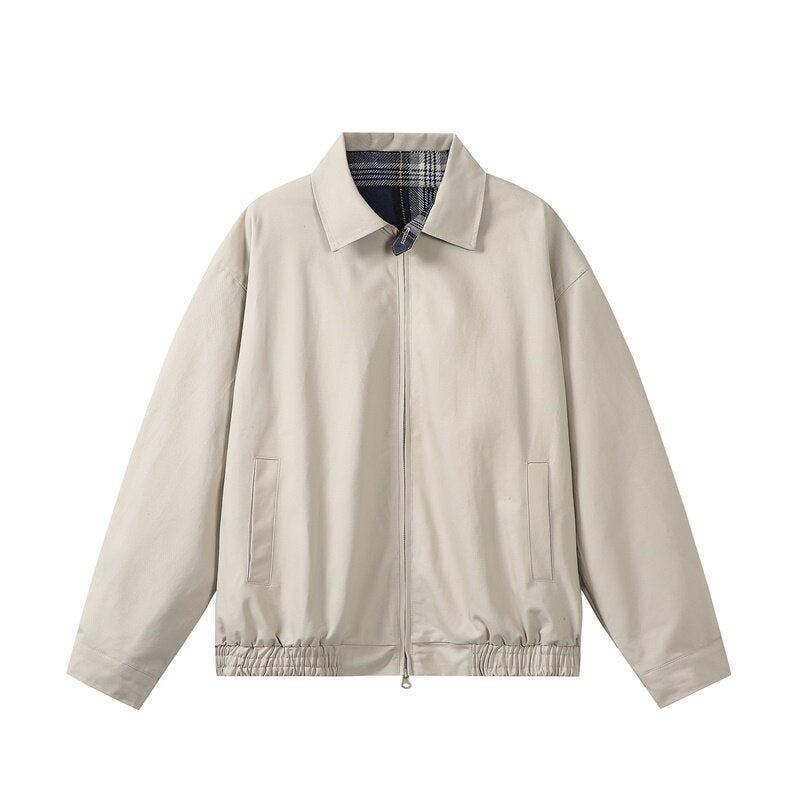 Unisex Short-Cut Boxy Blouson Jacket with Checked Stand Collar, Elastic Hem, and Two-Way Zipper Chichicherry