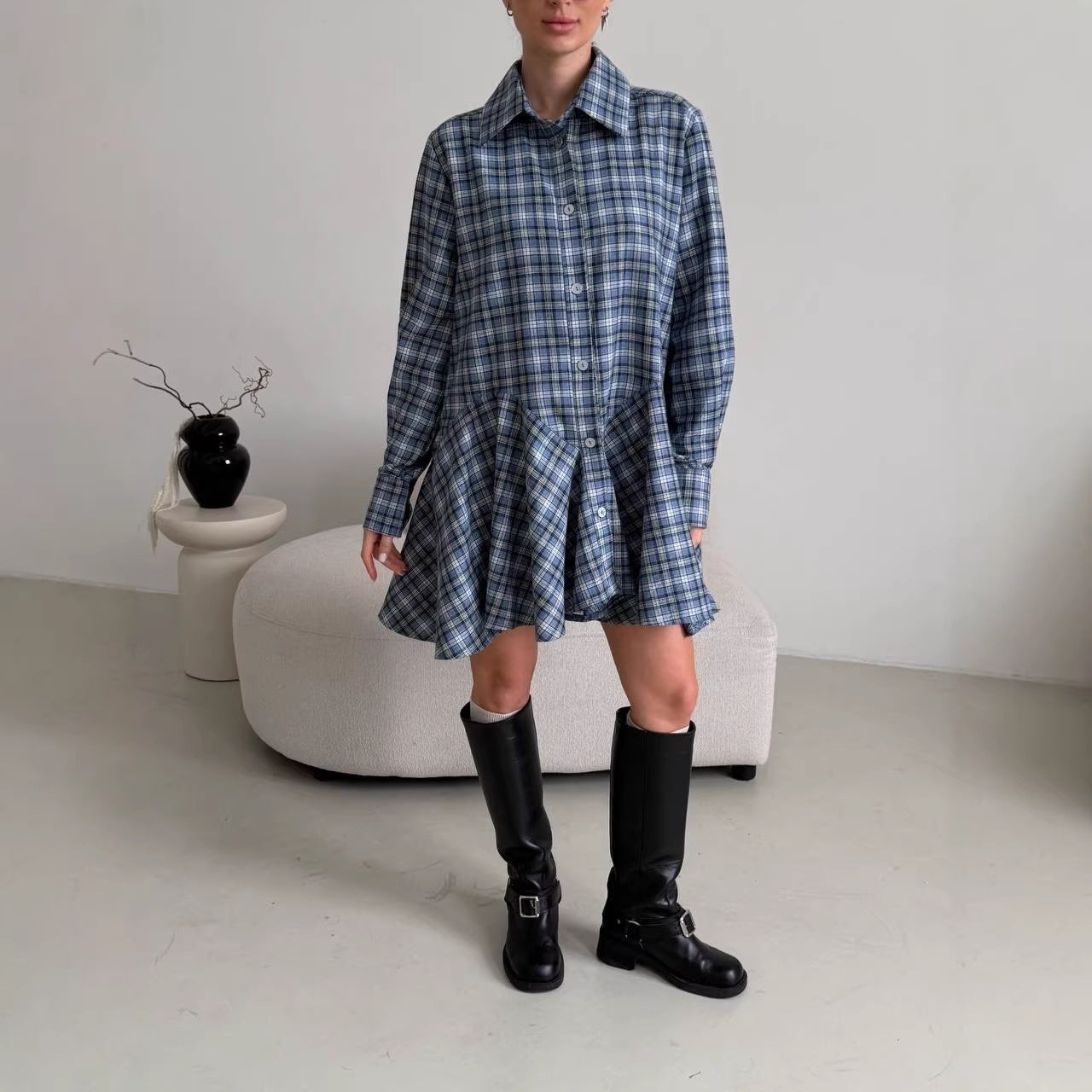 Damen Kariertes Hemdblusen-Minikleid mit ausgestellter Volant-Taille Chichicherry