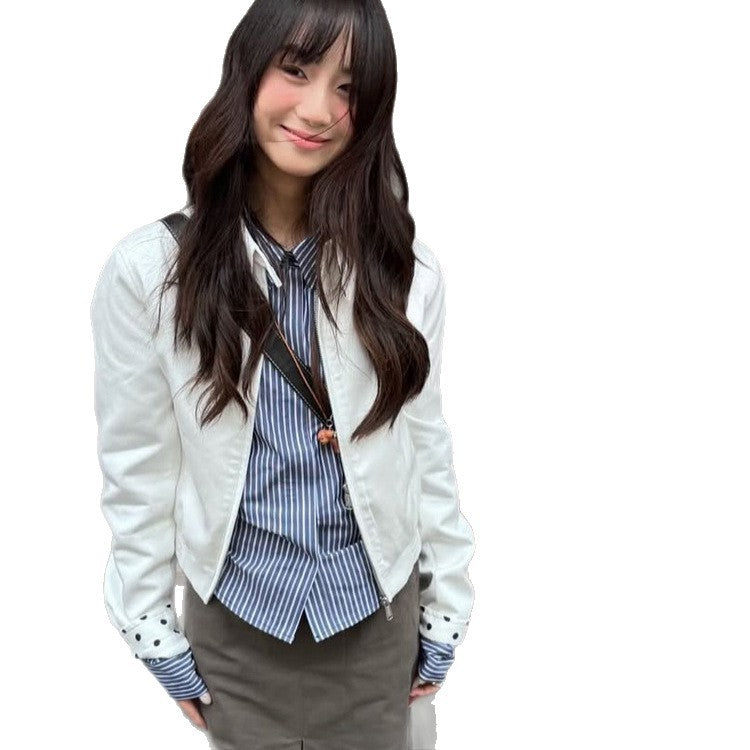 Women’s short-cut blouson jacket with stand-up collar, concealed zipper and contrasting polka dot patterned lining Chichicherry
