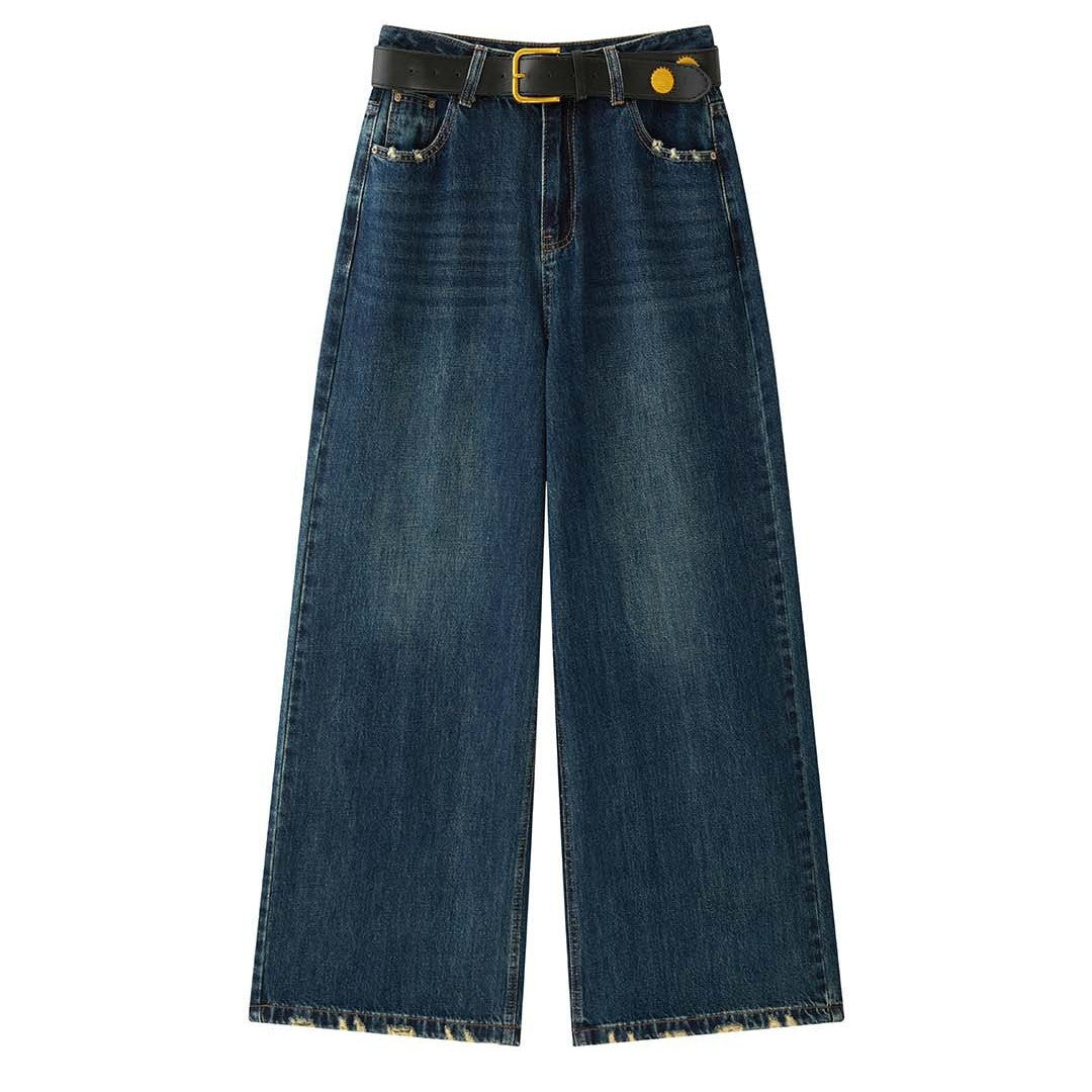 Women's Wide Vintage Denim Jeans with High Waist and Frayed Hem Chichicherry