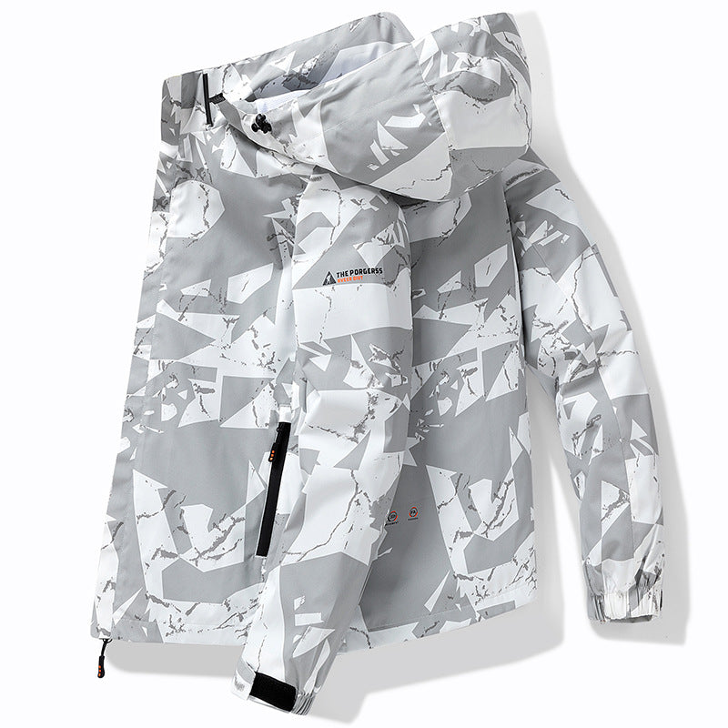 Men's technical waterproof hooded jacket with graphic camouflage print, zippered pockets, and adjustable hem Chichicherry