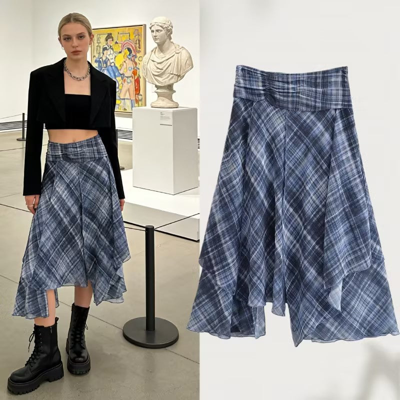 Women Asymmetrical multilayer midi skirt made of chiffon with wide waistband and check pattern Chichicherry