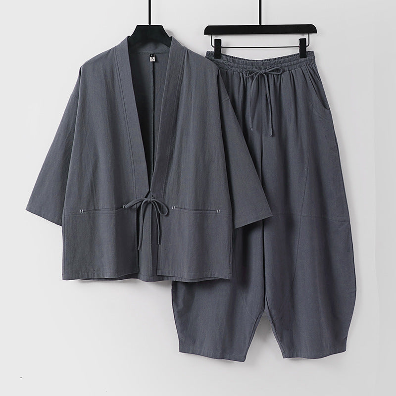 Unisex Modern Kimono Lounge Set made of soft cotton blend with short jacket, drawstring pants and ruffled ankles Chichicherry