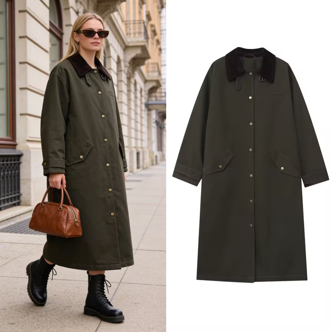Women’s Long Waterproof Oversized Coat with Cord Collar, Snap Button Placket and Flap Pockets Chichicherry