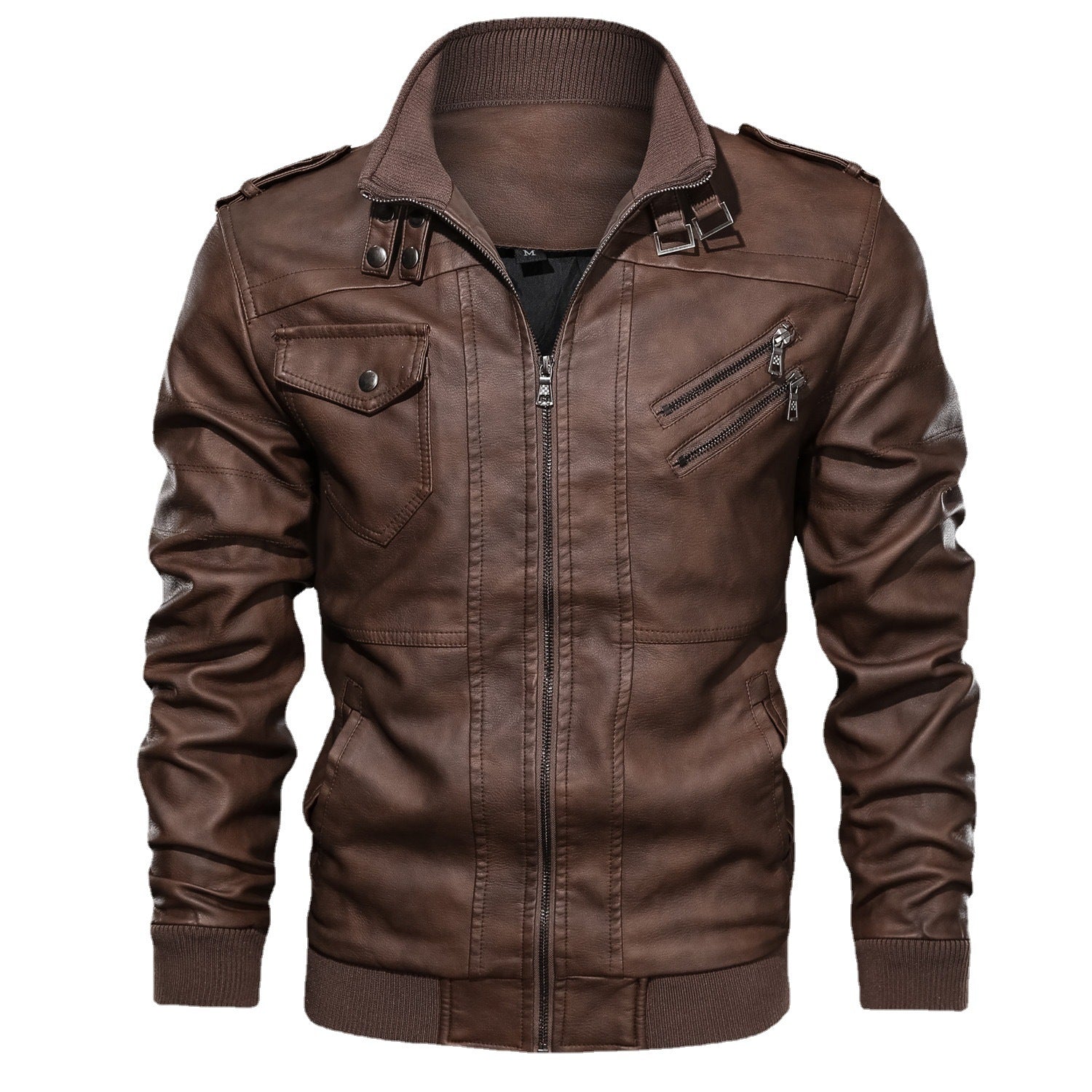 Men's Leather Bomber Jacket in Aviator Style with Stand Collar and Ribbed Cuffs Chichicherry