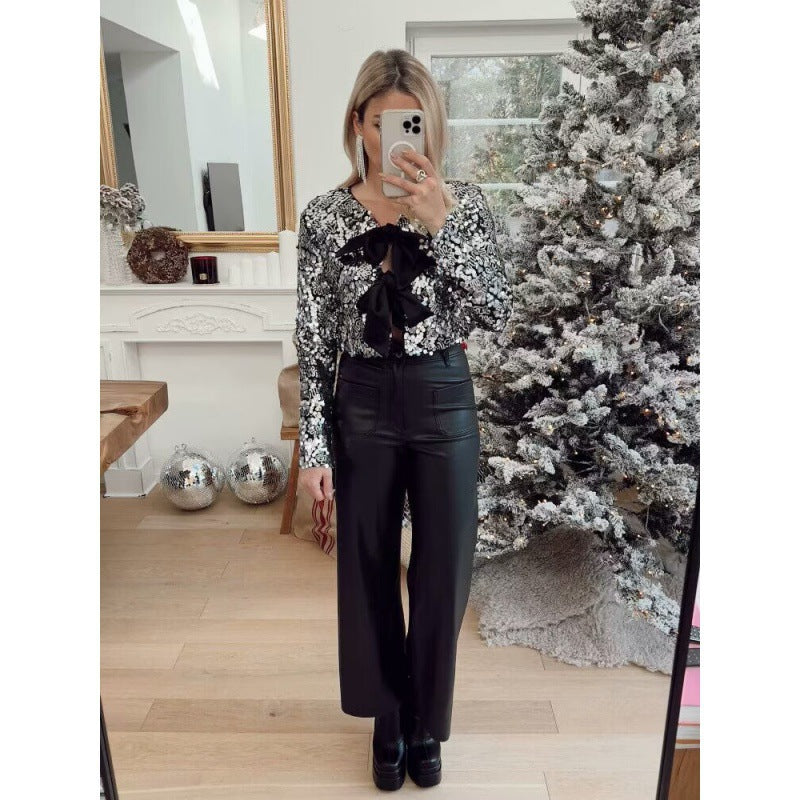 Women’s Short Cut Sequin Bolero Jacket with Triple Satin Bows and Lined Interior Chichicherry