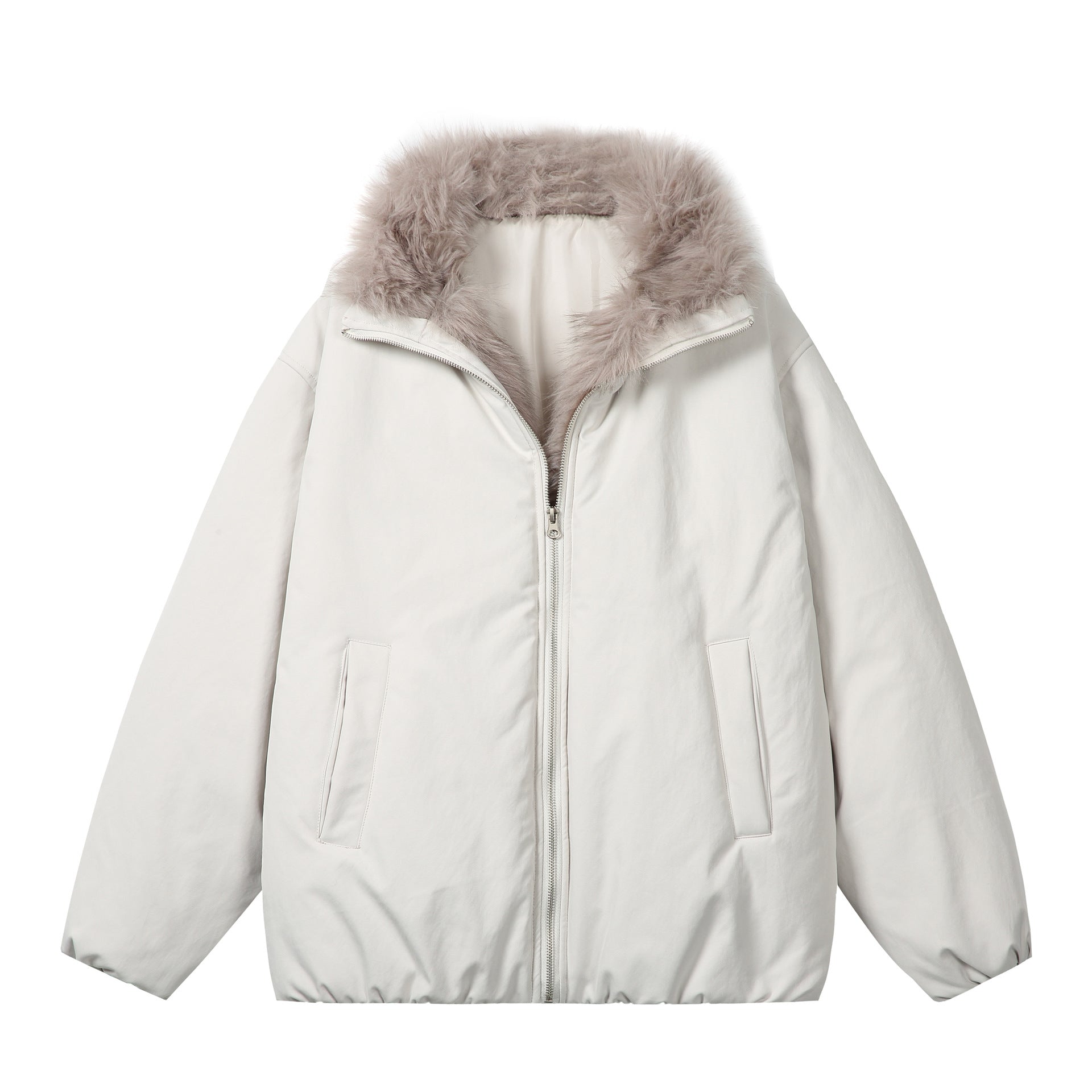 Women's short jacket in boxy cut with voluminous faux fur collar and two-way zipper Chichicherry