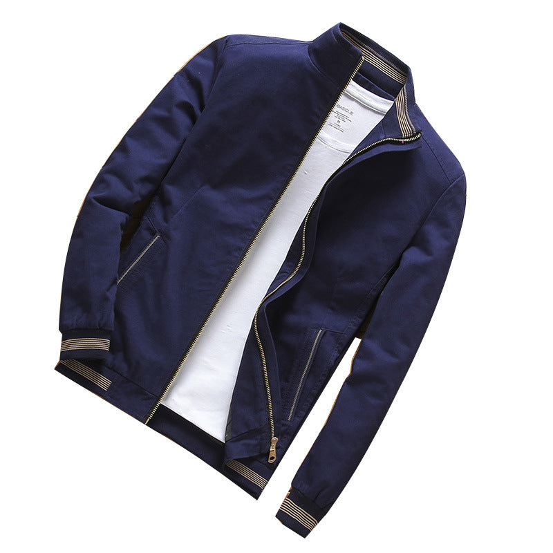 Men's Lightweight Cotton Bomber with Stand-Up Collar, Zipper, and Striped Ribbed Cuffs Chichicherry