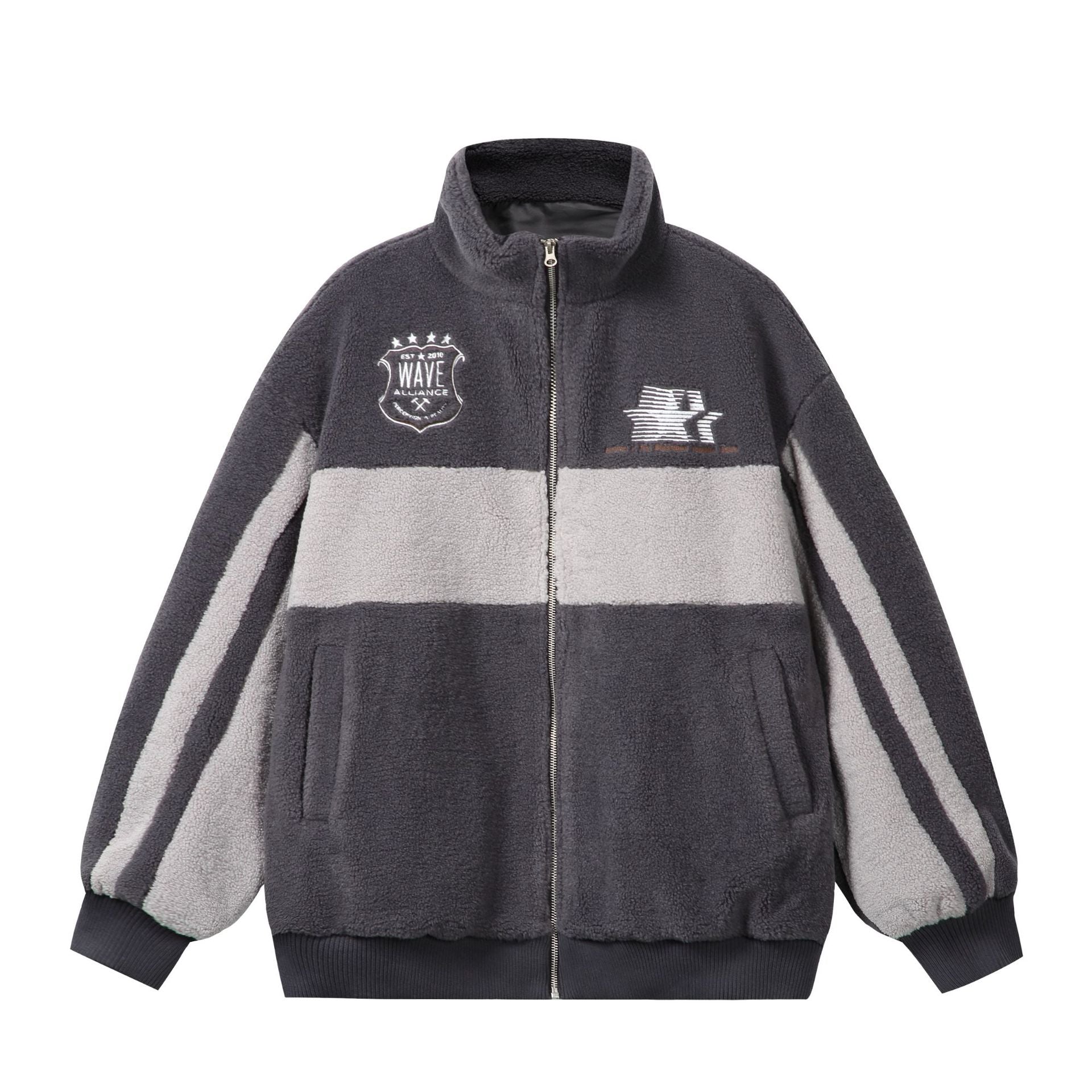 Unisex Sherpa fleece jacket in boxy cut with stand-up collar, block stripes and embroidery details Chichicherry