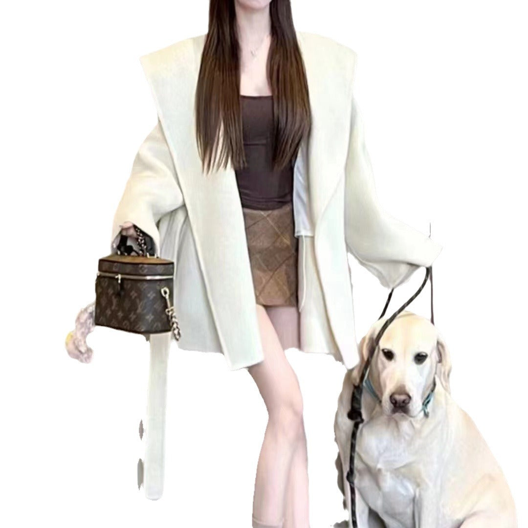 Women's Oversized Wool Coat with Hood and Waist Belt Chichicherry