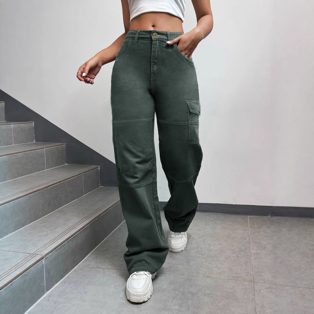 Women's High-Waisted Cargo Palazzo Pants with Seam Segments and Side Flap Pocket Chichicherry