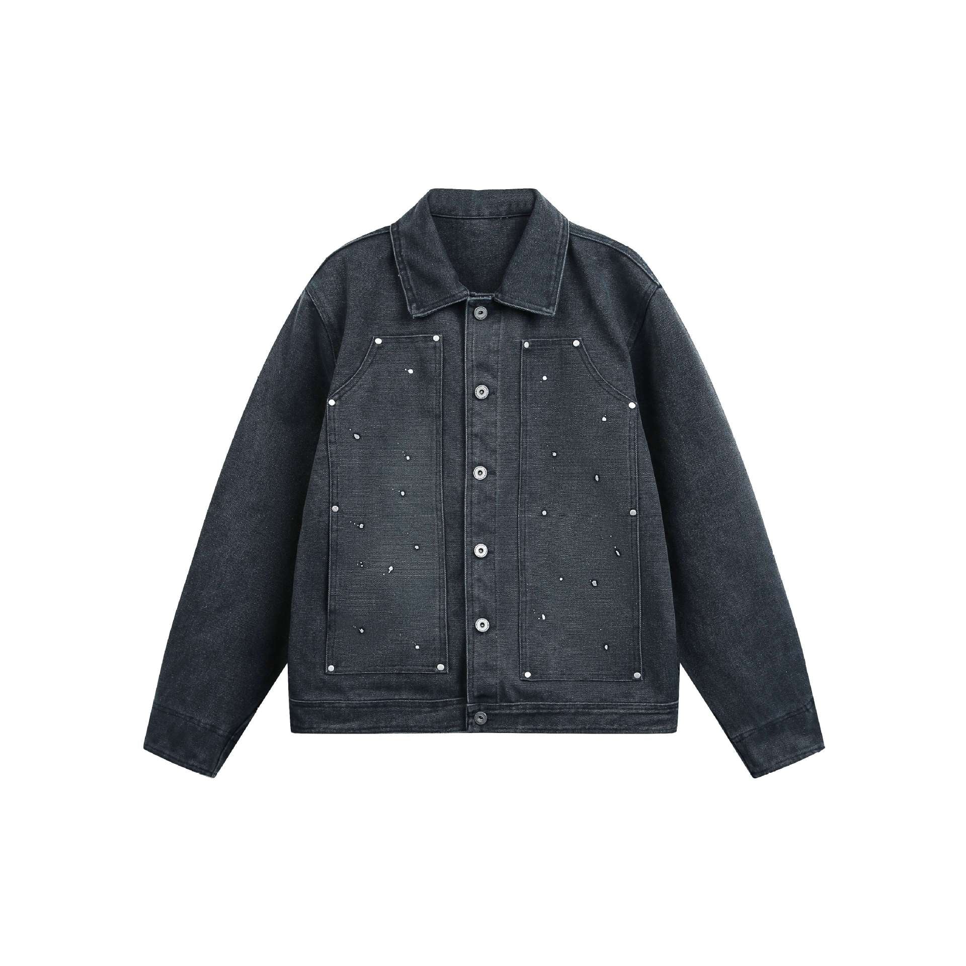 Unisex Short-Cut Denim Jacket in Boxy Cut with Flap Pockets and Used Effect Chichicherry