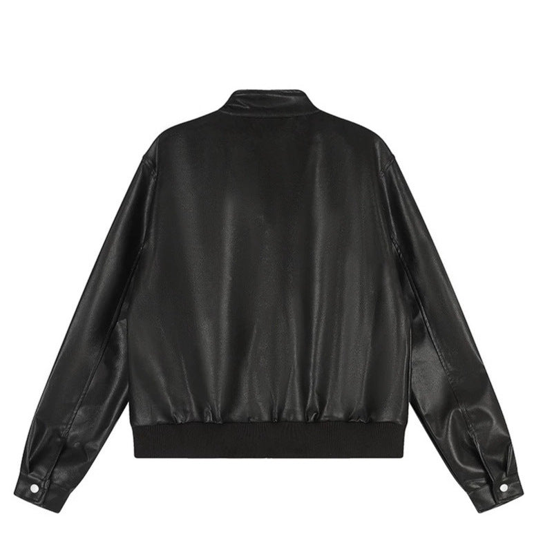 Women's short-cut faux leather bomber jacket with stand-up collar, shoulder flaps, and ribbed hem Chichicherry