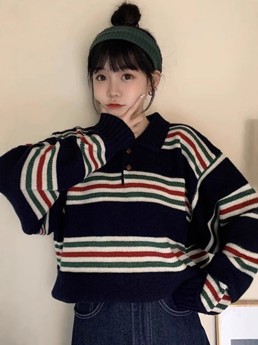 Women Oversized Polo Collar Knit Sweater with Maritime Block Stripes and Boxy Cropped Silhouette Chichicherry