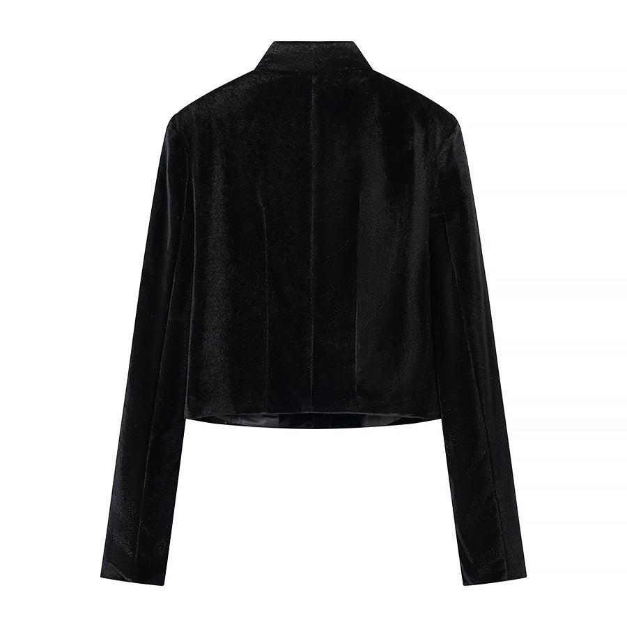 Women's Cropped Jacket in Mandarin Style with Stand Collar and Decorative Knot Closures Chichicherry
