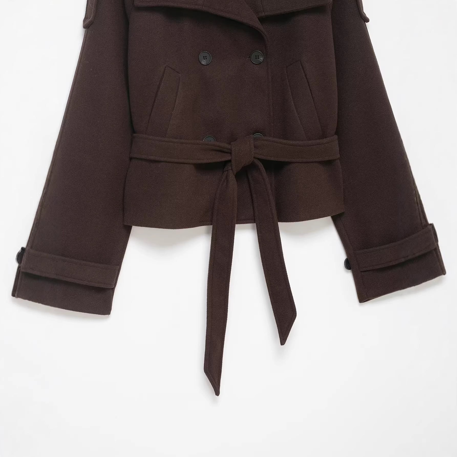 Women's Cropped Wool Blend Short Coat with High Stand-up Collar, Epaulettes, and Waist Belt Chichicherry