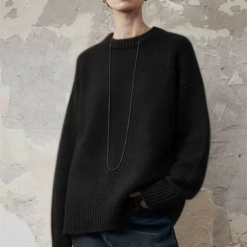 Women's Oversize Fine Knit Sweater with Round Neck, Dropped Shoulder and Ribbed Hem Chichicherry