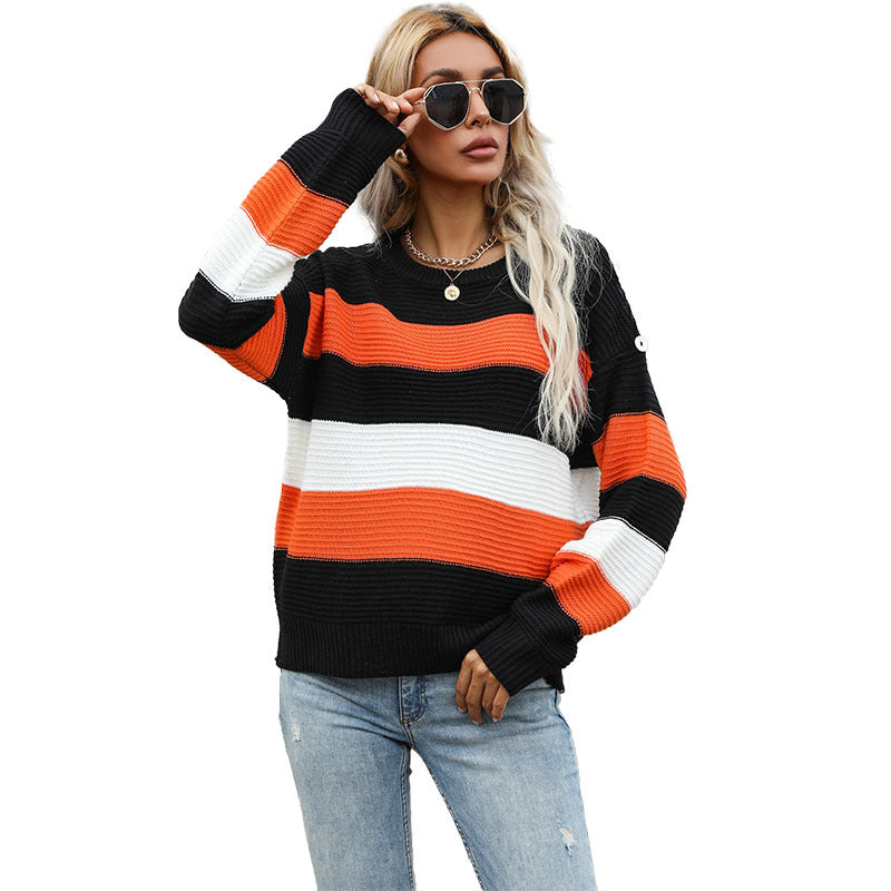 Women's Oversize Ribbed Knit Pullover with Wide Block Stripes and Round Neck