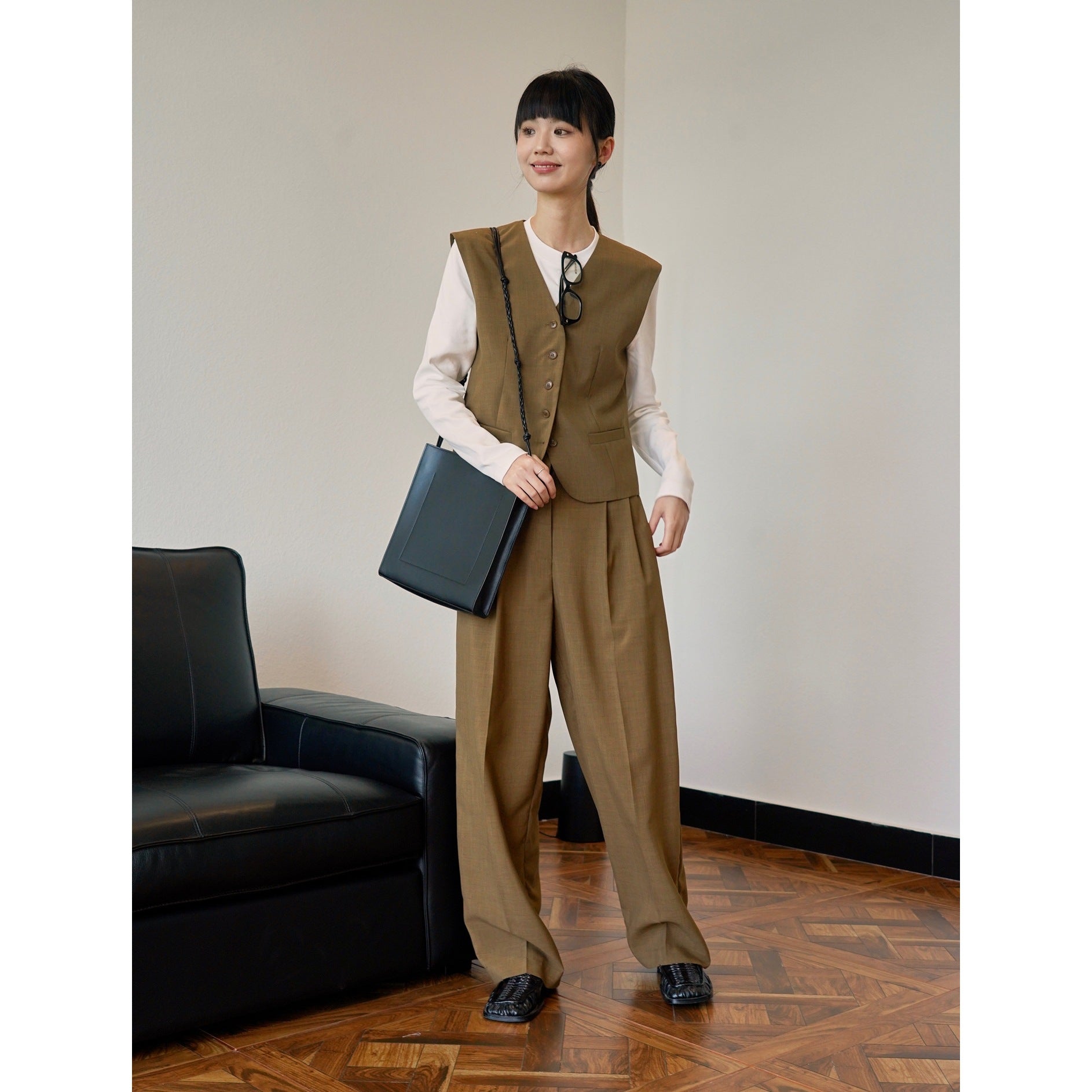 Ladies Tailored Waistcoat-Skirt Set made of Linen Mix with Button Placket and Inset Pockets Chichicherry