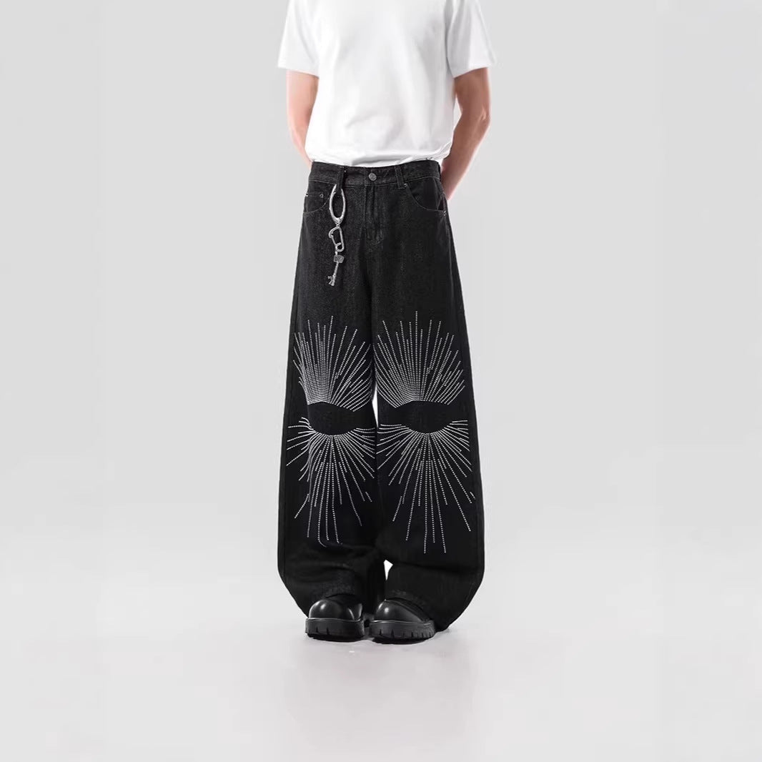 Men's Loose-Fitting Denim Jeans with Unique Graphic Design Chichicherry