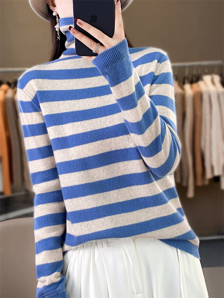 Women Casual Striped Turtleneck Sweater made of Wool Blend with Relaxed Fit Chichicherry