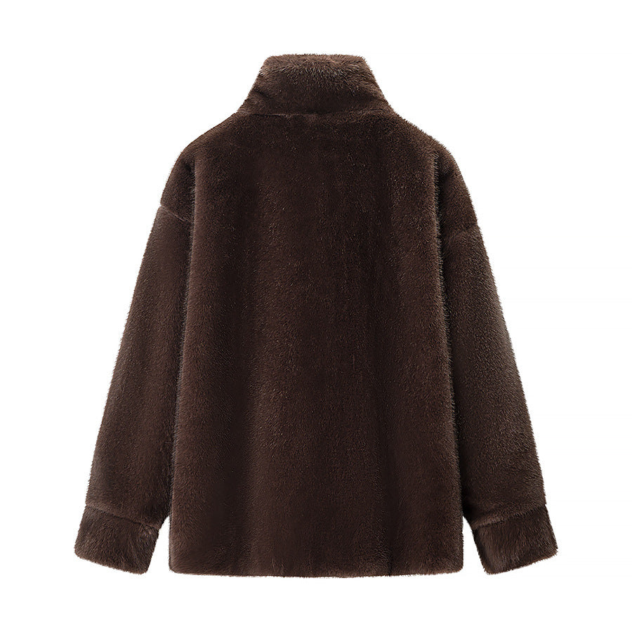 Women's Oversize Teddy-Fleece Pullover with Half Zipper and Large Flap Pocket Chichicherry
