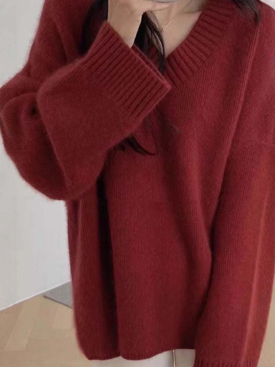 Women Oversized V-Neck Sweater in Mohair Look Chichicherry
