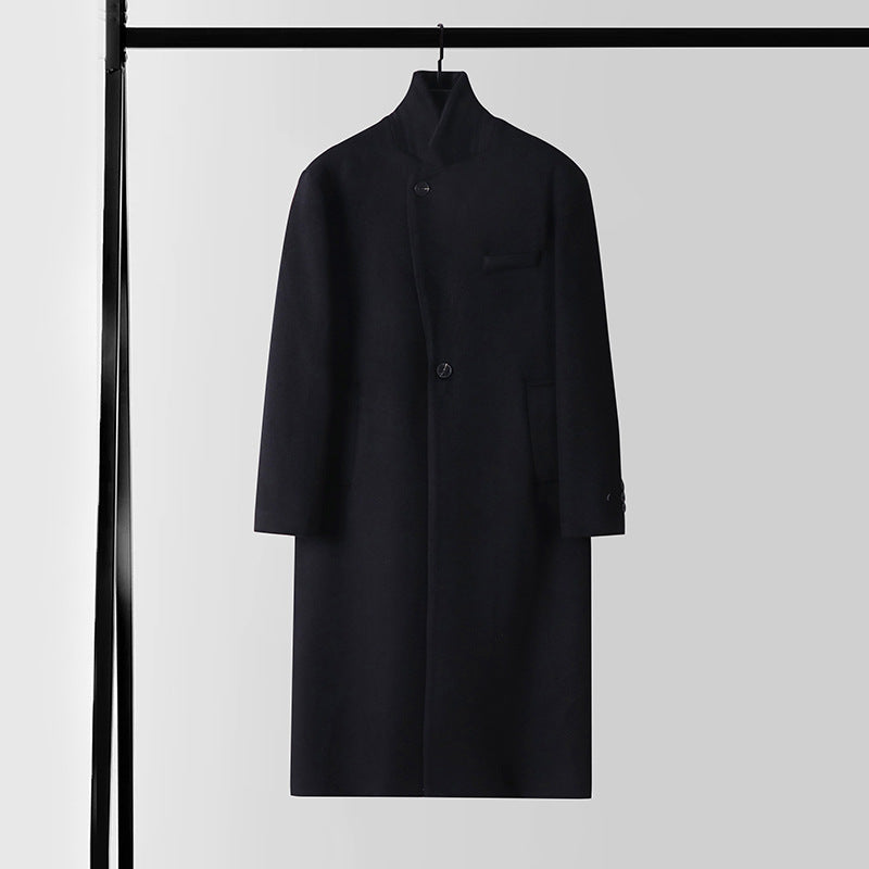 Men's Elegant Long Coat made of Wool Blend with Slim Silhouette and One-Button Closure Chichicherry
