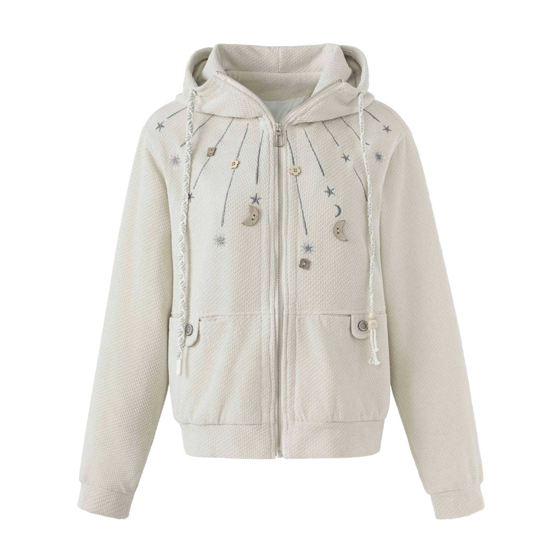 Women's short-cut hooded jacket made of textured knit with star and moon appliqué Chichicherry