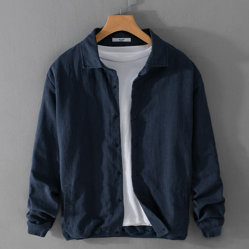 Men's Lightweight Linen Jacket with Shirt Collar, Relaxed Fit and Snap Button Placket Chichicherry