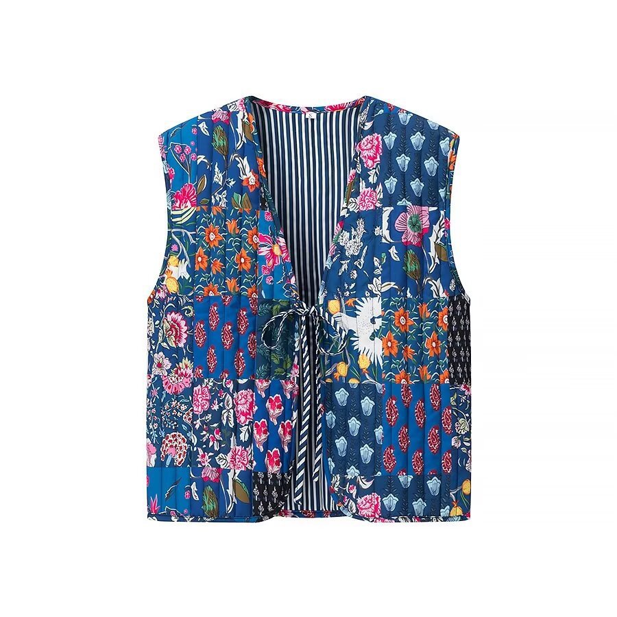 Women Padded Quilted Vest with Floral Allover Look and Tie Band Chichicherry
