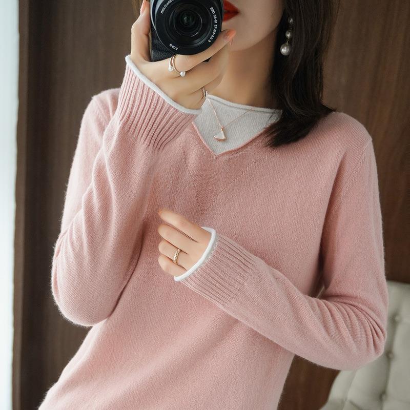 Women Soft V-Neck Sweater in Cashmere Look with Contrasted Border Decoration Chichicherry