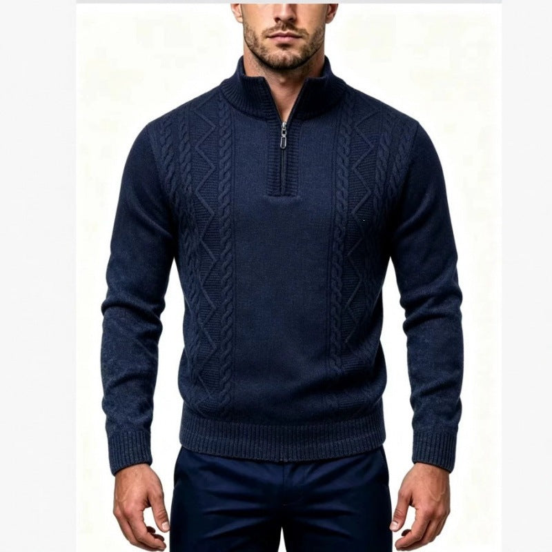 Men's Structured Half-Zip Pullover with Stand-Up Collar and Cable Knit Details Chichicherry
