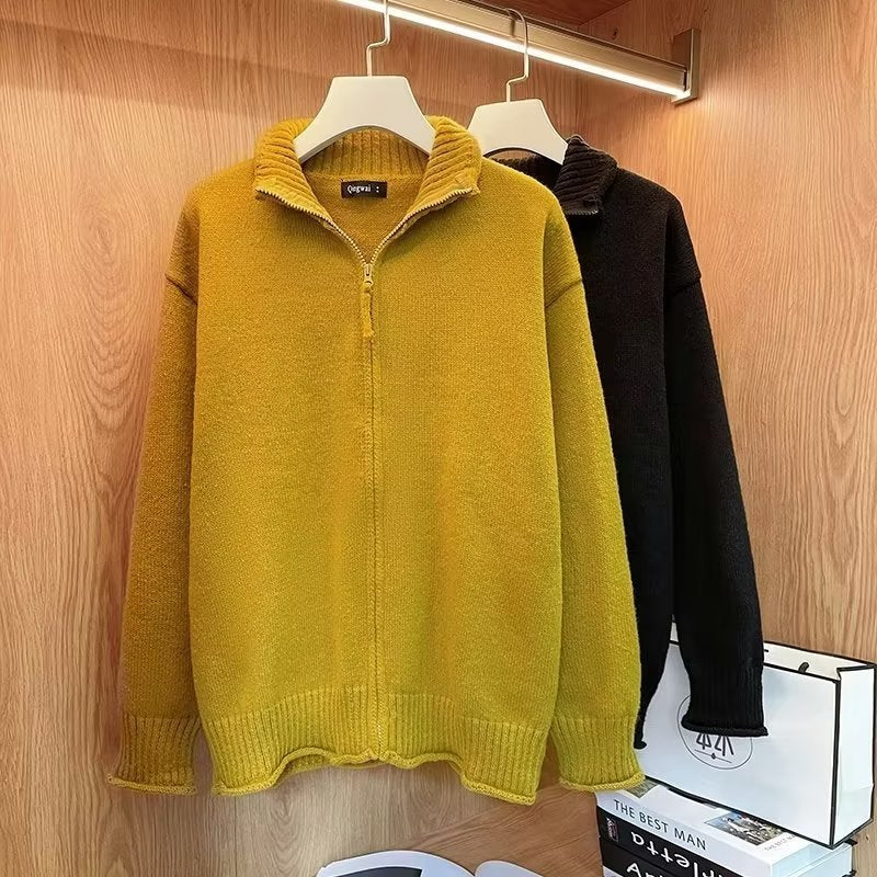 Unisex Komfortabler Reißverschluss-Strickblouson mit geradem Schnitt und Stehkragen Chichicherry