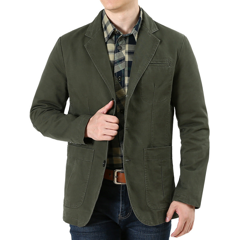 Men's Casual Linen Blazer in Worker Blouson Style with Shirt Collar, Flap Pockets and Striped Lining Chichicherry