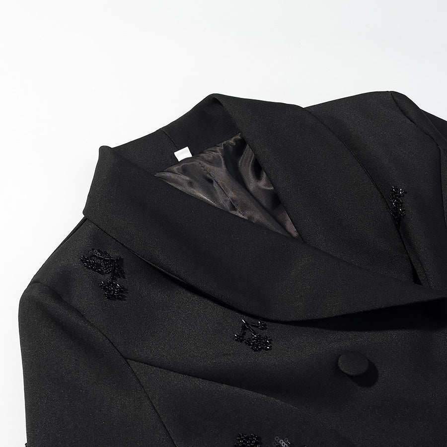 Women's Double-Breasted Blazer with Sequin Flowers and Shawl Collar Chichicherry