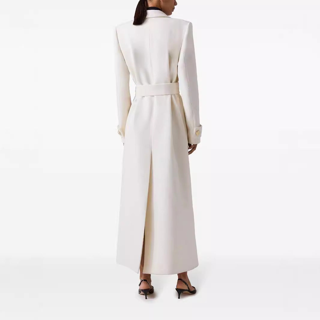 Women Long Double-Breasted Wool Coat with Waist Belt Chichicherry