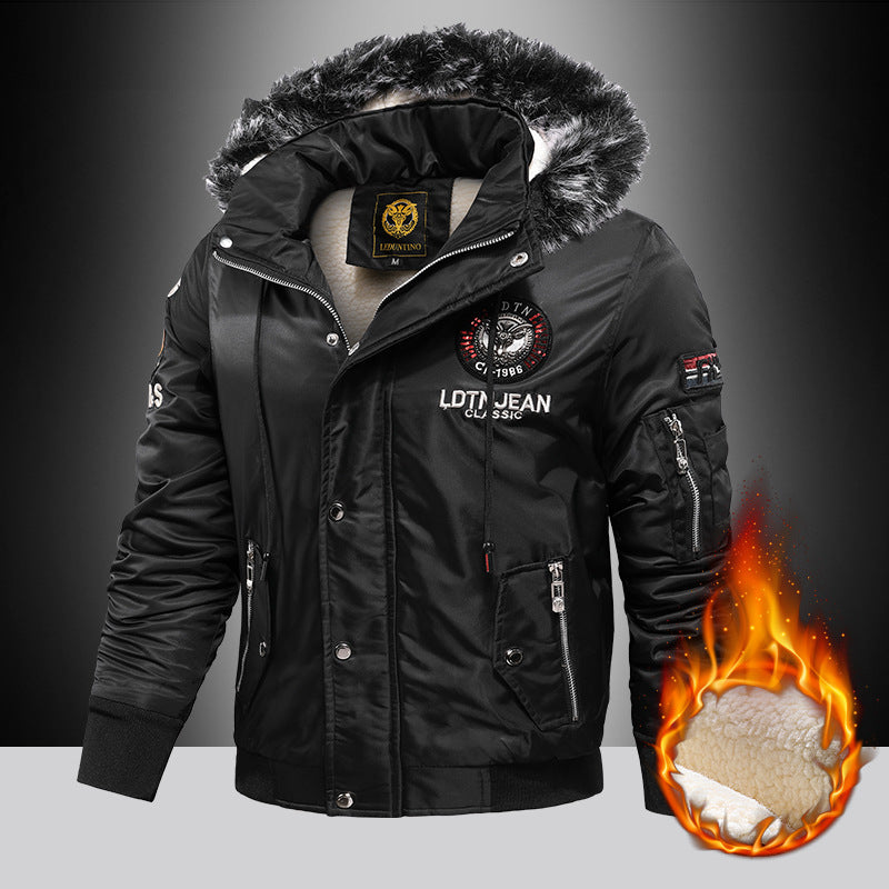 Men's Padded Bomber Jacket with Teddy Lining, Faux Fur Hood and Badge Chichicherry