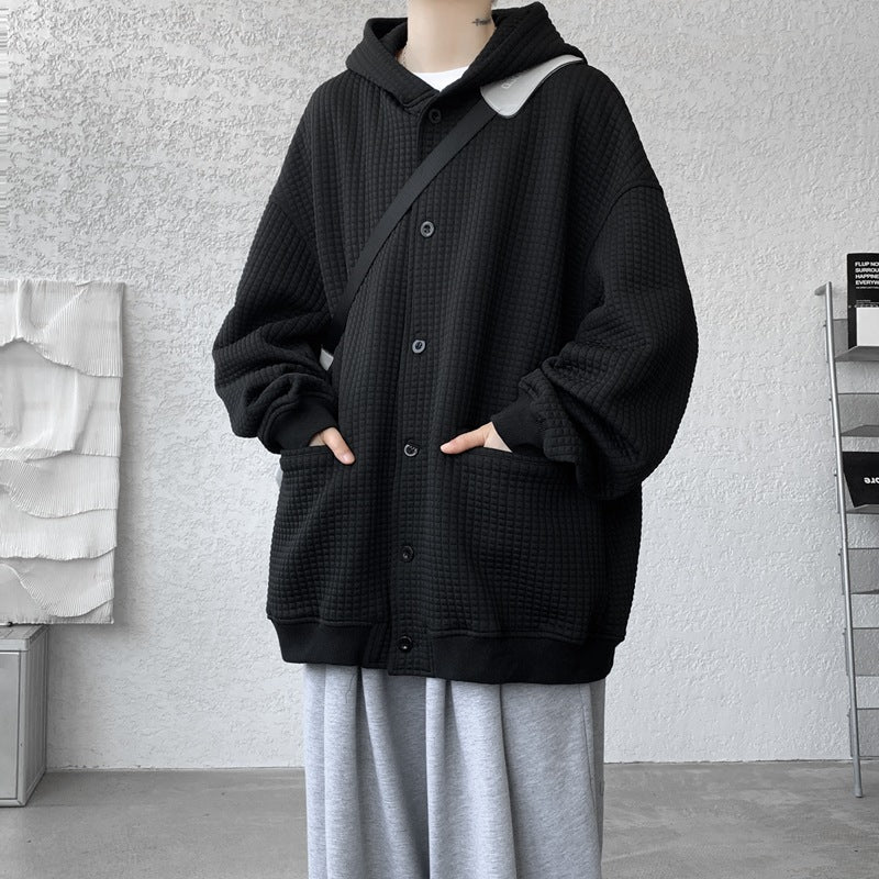 Men's Oversized Quilted Hooded Jacket with Waffle Texture, Button Placket and Side Pockets Chichicherry