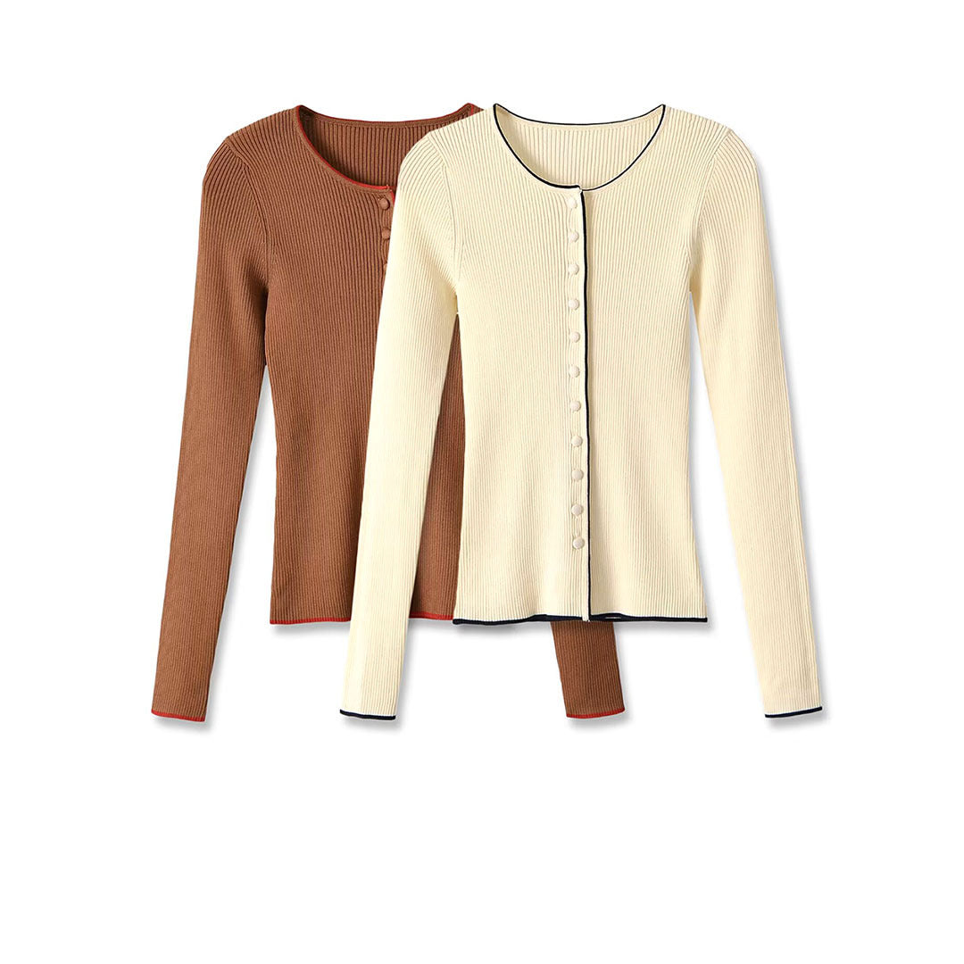 Women's fine ribbed cardigan with concealed button placket and contrast edge Chichicherry