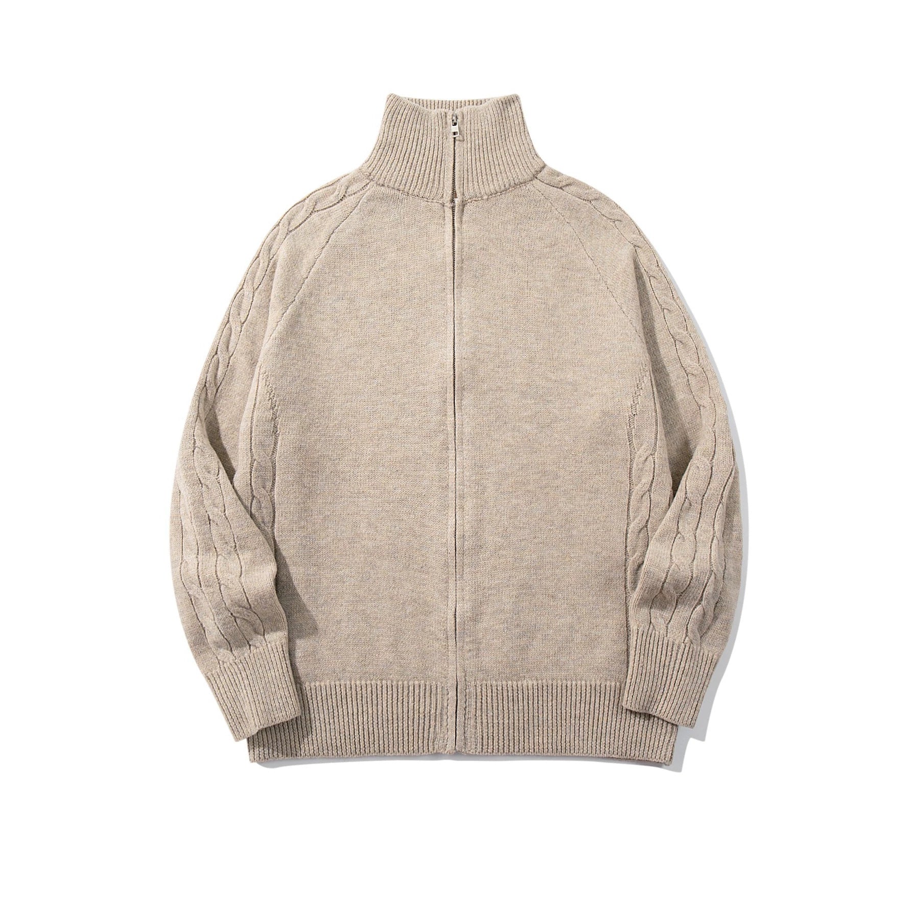 Men's bulky knit zip jacket with funnel collar, raglan sleeves, and cable pattern Chichicherry
