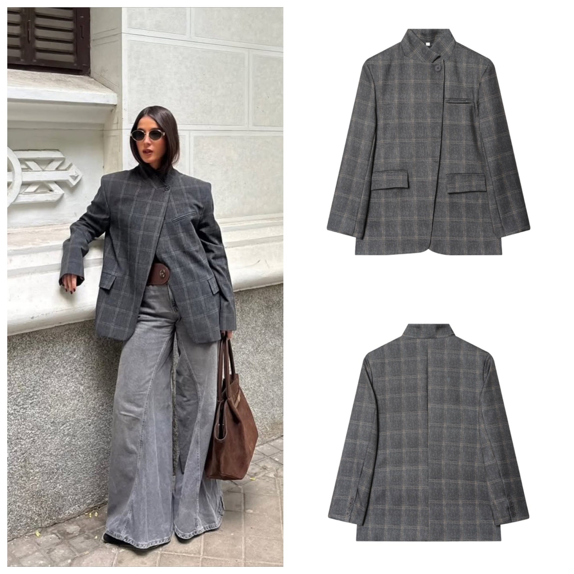 Women's tailored check blazer with stand-up collar, concealed button placket and flap pockets Chichicherry