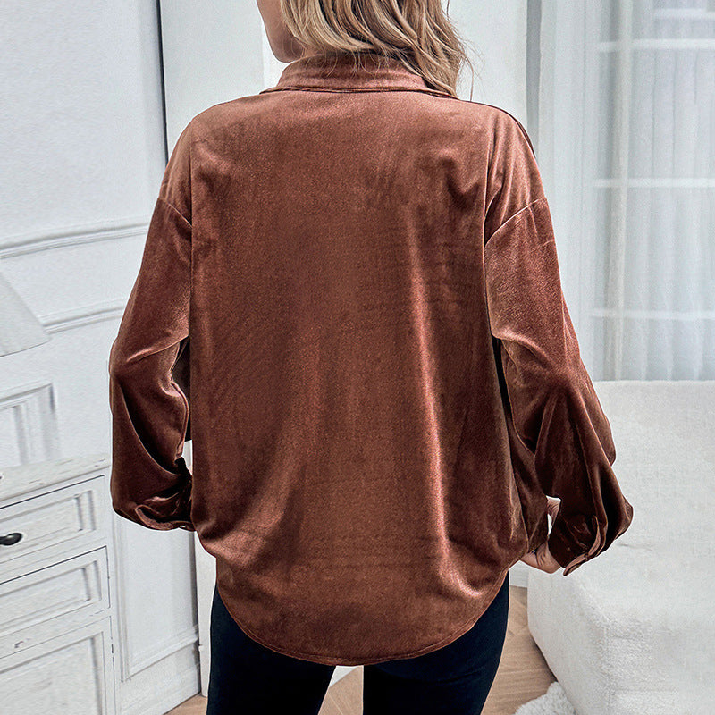 Women’s velour shirt blouse with chest pocket and classic collar Chichicherry